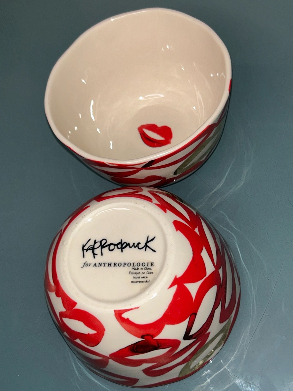 Kate Roebuck Anthropologie Boca Bowl Set HAHA HEE HEE Red Lips Popcorn Cereal